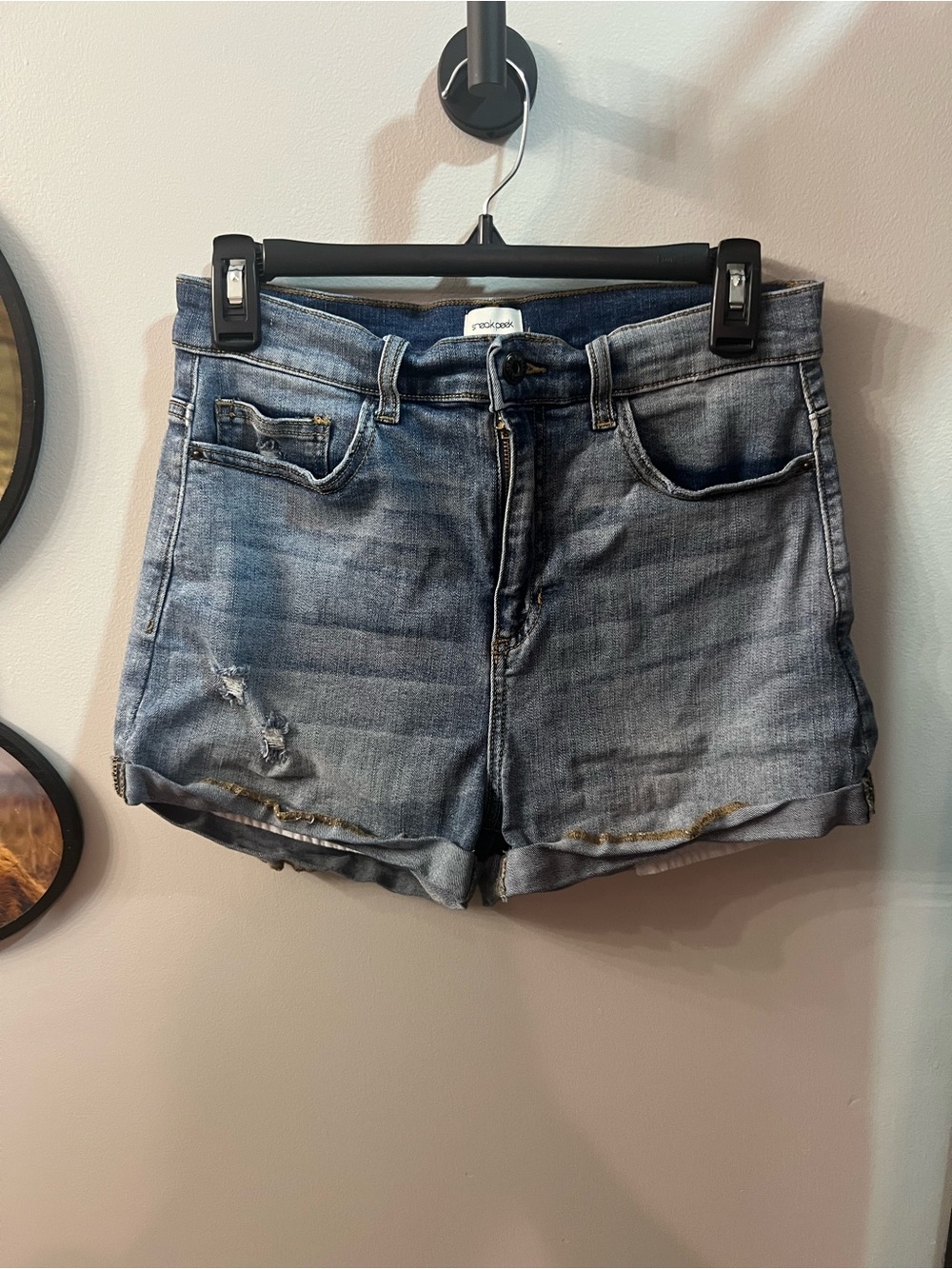 Sneak Peek Distressed Light Blue Denim Roll-Cuff Shorts